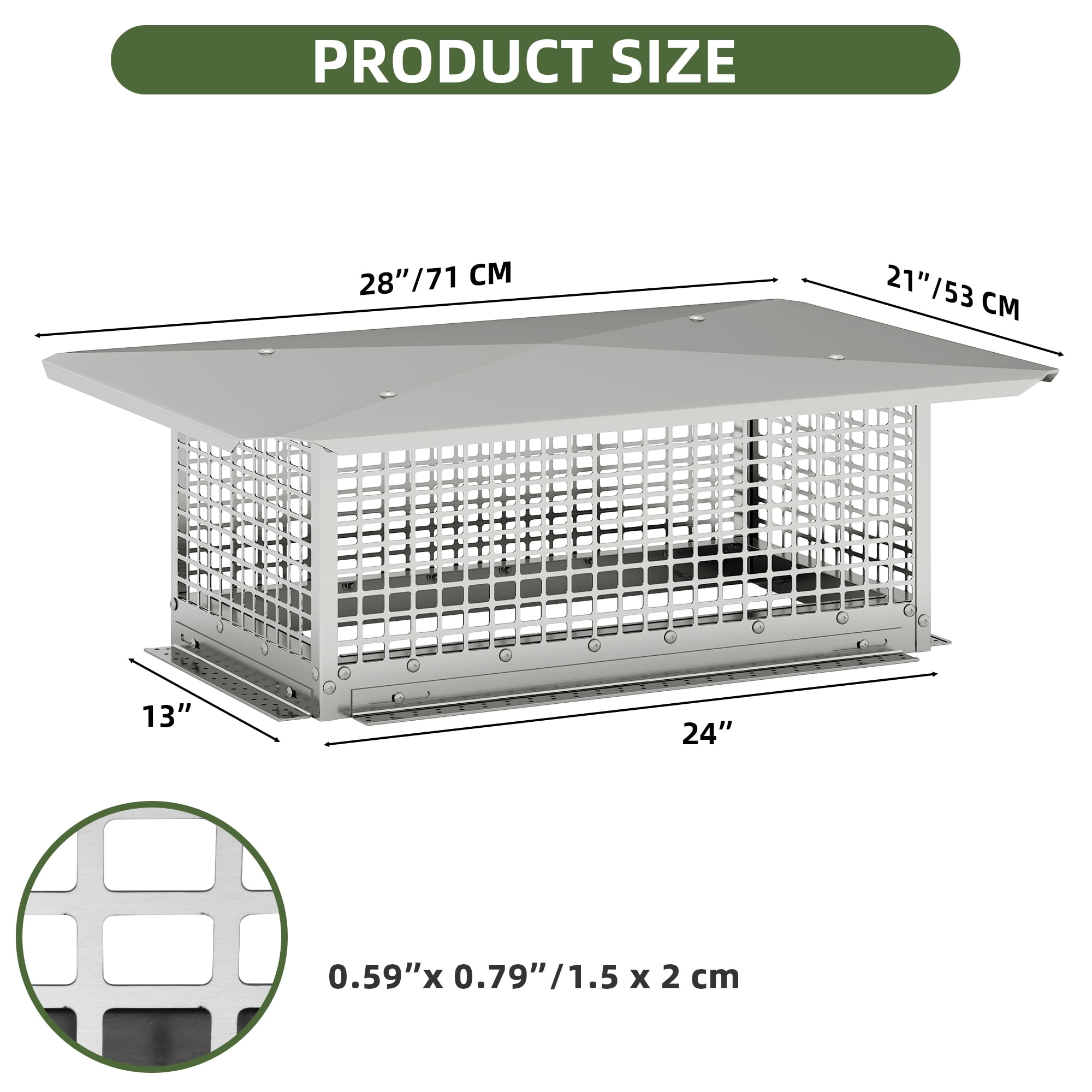 Uforic 24" x 13" Stainless Steel Chimney Cap, Heavy-Duty, Adjustable Fireplace Flue Cover, Rust-Resistant Iron, Weatherproof