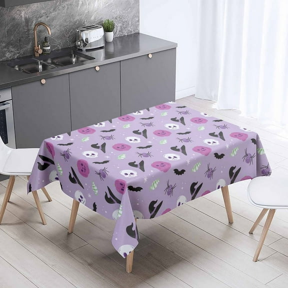 XAJAT 52‘‘x52'' Happy Halloween Purple Rectangle Tablecloth, Cotton Linen Table Covers with Skull and Bat Prints