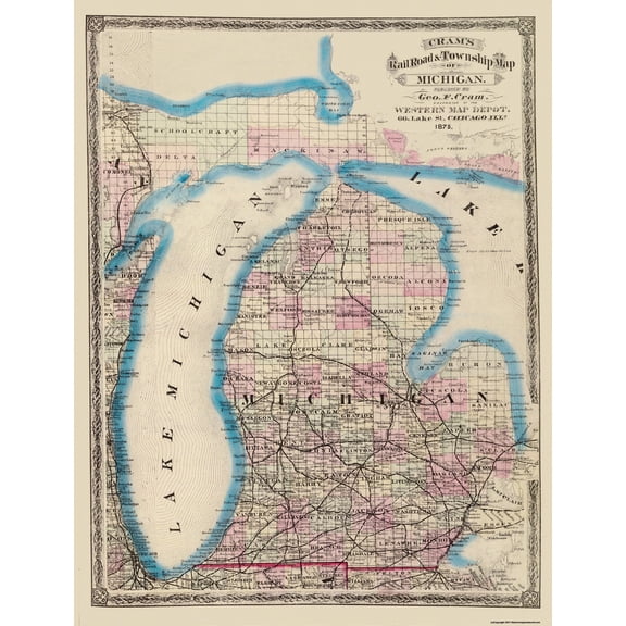 Historic State Map - Michigan - Cram 1875 - Vintage Wall Art