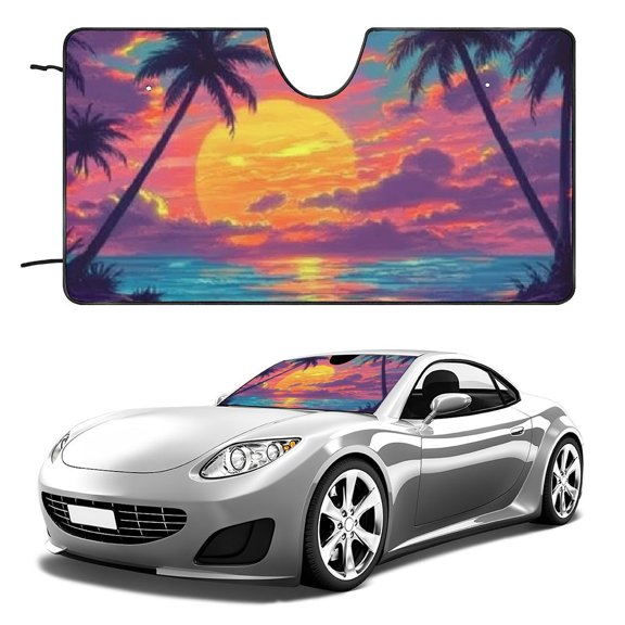 Qinduosi Car Windshield Sun Shade Windshield Sunshade Fits Cars, SUVs,Trucks and Vans Vehicle Sun Shade Protector Foldable Universal Fit, Palm Sunset 51x28in