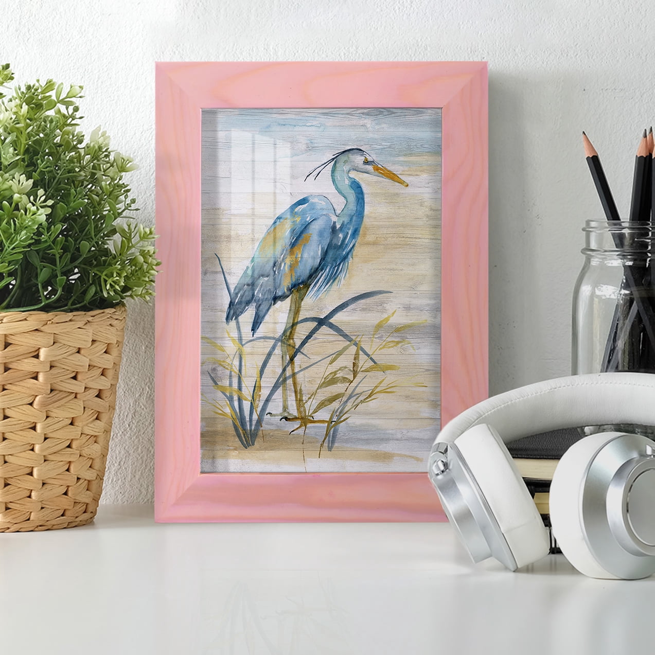 Blue Heron I -Framed Print w/glass-Sunset Pink