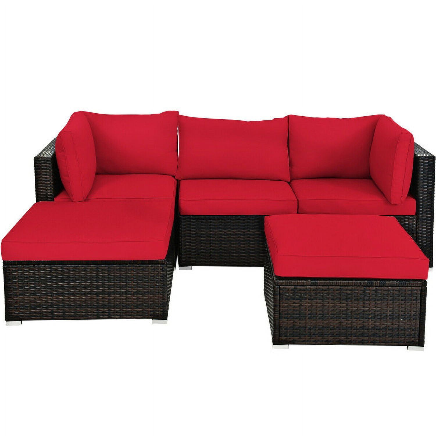 Aimee Lii 5 Pieces Patio Rattan Sectional Conversation Ottoman Furniture Set, Outdoor Patio Set, Red