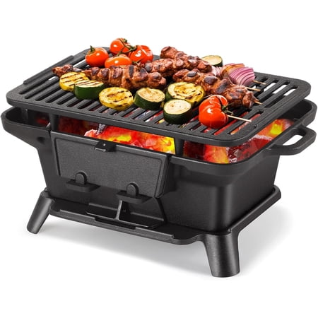 Grill Outdoor, Portable Mini Charcoal Grill, 100% Pre-Seasoned Cast Iron, Small Japanese Yakitori Tabletop Skillet Grill Stovo for Camping, Outdoor