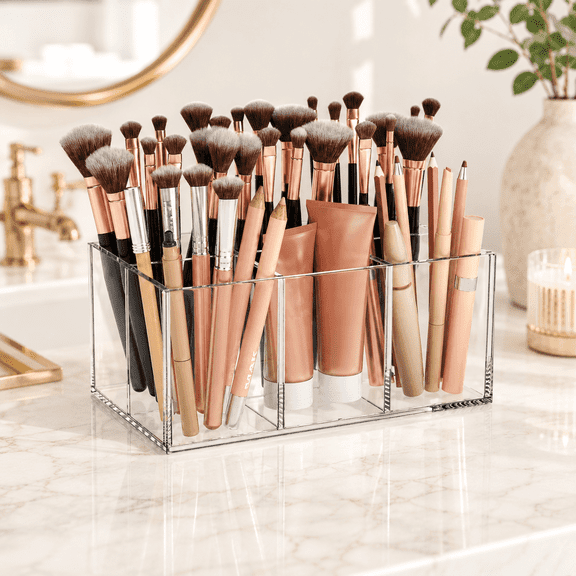 NIUBEE Clear Acrylic Makeup Brush Holder Organizer, 6 Slot Large Capacity Cosmetic Brush Storage for Vanity and Bathroom Countertop