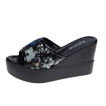 

XIEULQP Cushionaire Sandals Women Beach Slope Heel Slippers Hollow Casual Slippers Slope Bottom Shoes Retro Sequins Slippers Reef Sandals Women Black