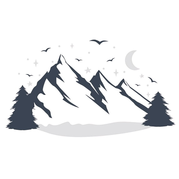 Mountains Under The Night Sky Vinyl Decoration Moons & Stars Design Adhesive Kids Nursery Bedroom Wall Decal - 18" x 30" Home Living Room Birds Nature Silhouette Art Removable Wall Décor Sticker