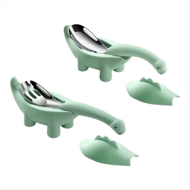 Cuchara Tenedor para Comida Infantil con Forma de Dinosaurio, Juego de Vajilla de Acero Inoxidable con para , Color Verde.