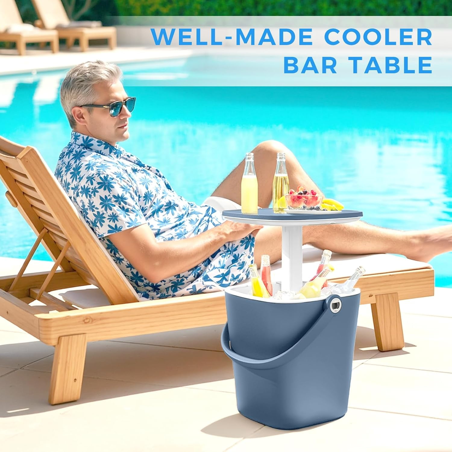 14.69×14.25×14.69 in Rattan Style Outdoor Cooler Table – 8 Gallon 3-in-1 Ice Bucket Height-Adjustable Design & Drainage Plug for Deck, Pool Parties, Barbecues & Picnics (Blue)