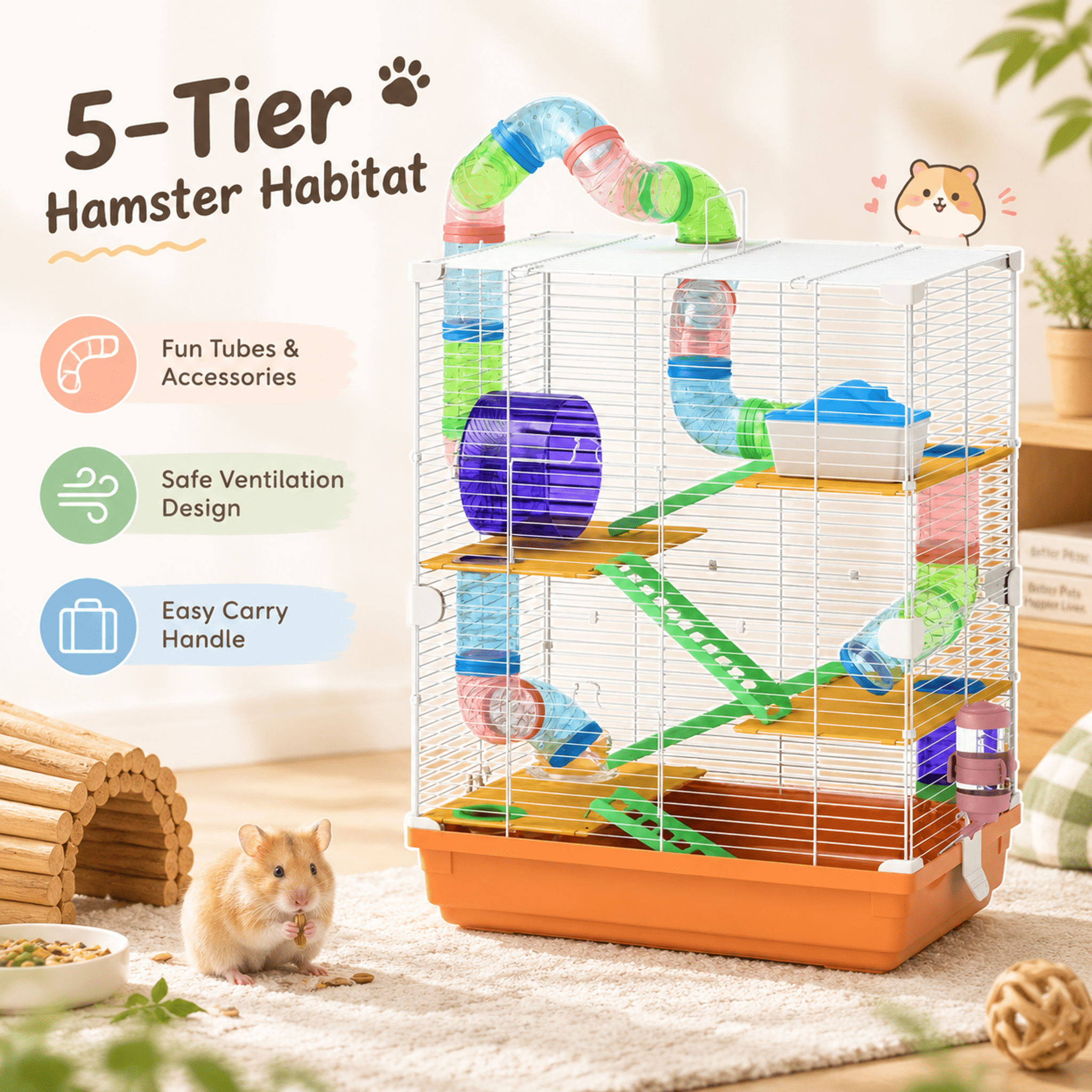 18" 5-Tier Hamster Cage with Portable Carry Handle, Tubes and Tunnels, Includes Water Bottle, Food Dish & Exercise Wheel, Orange