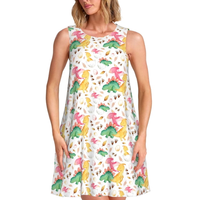 Balery Cute Baby Dinosaurs Vestidos de verano para mujer con estampado: vestido holgado sin mangas, vestido playero informal y cómodo para días calurosos.