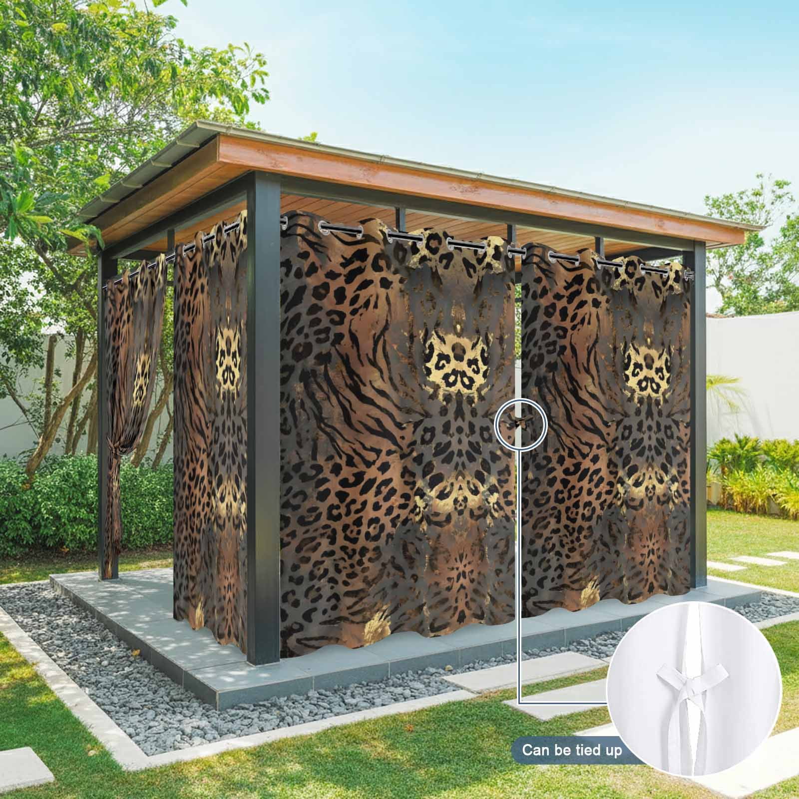 Leopard Print Outdoor Curtains for Patio, Ethnic Style Gold Black Gradient Fur Texture Sunshade Privacy Drapes Grommet Waterproof Outside Curtains for Porch/Cabana/Balcony 54"x 108", 1 Panel
