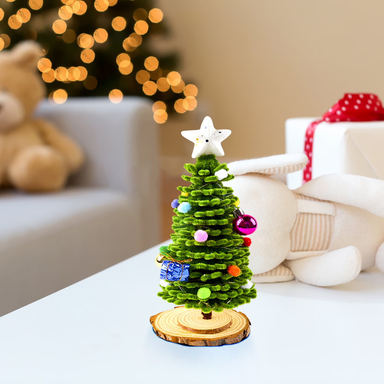 DIY Mini Christmas Tree Kit,7.87 Inch Handmade Tabletop Xmas Tree with Wooden Base,Complete Craft Ornament Set for Family,Festive Desktop Home Decoration