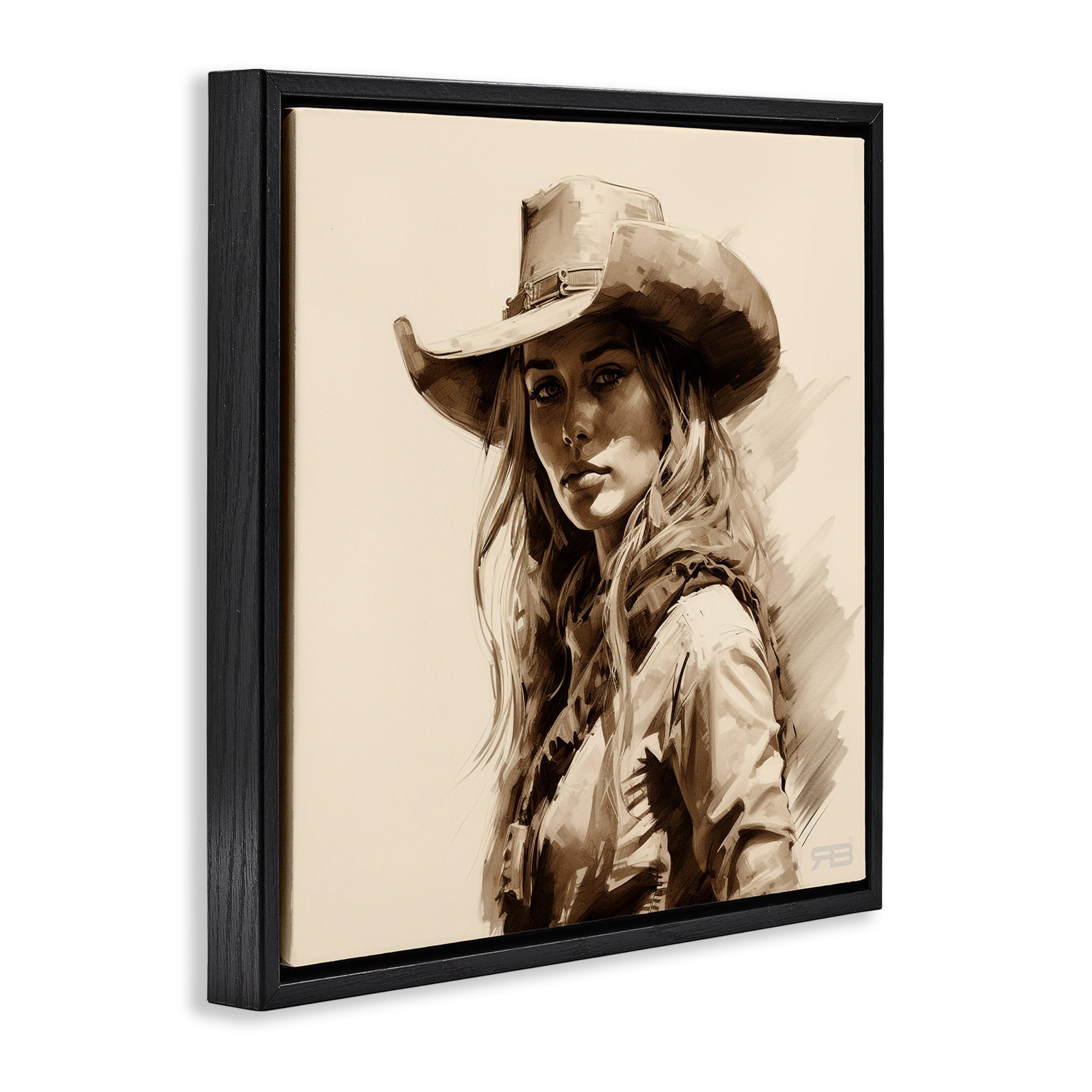 Stupell Industries Western Cowgirl Gaze People Painting Black Floater Framed Canvas Art Print Wall Art, 18 x 18