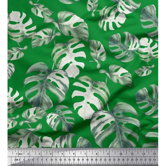 Soimoi Green Rayon Fabric Monstera Leaves Print Fabric by Yard 56 Inch Wide