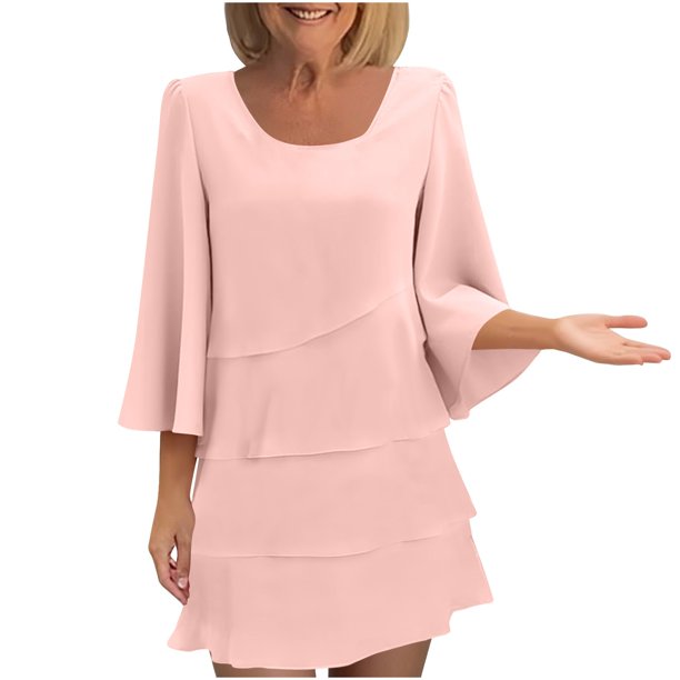 mfyjkho Vestidos midi para mujer, Vestidos casuales de cuello redondo con falda acampanada de color liso y mangas 3/4 de murciélago para mujer Vestidos de otoño s