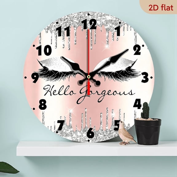 2D Flat 1pc 10Inch Wooden round wall clock, shimmering eyelash design, minimalist style, silent wooden clock, suitable for bedroom, living room, office, kitchen, bathroom, battery-powered