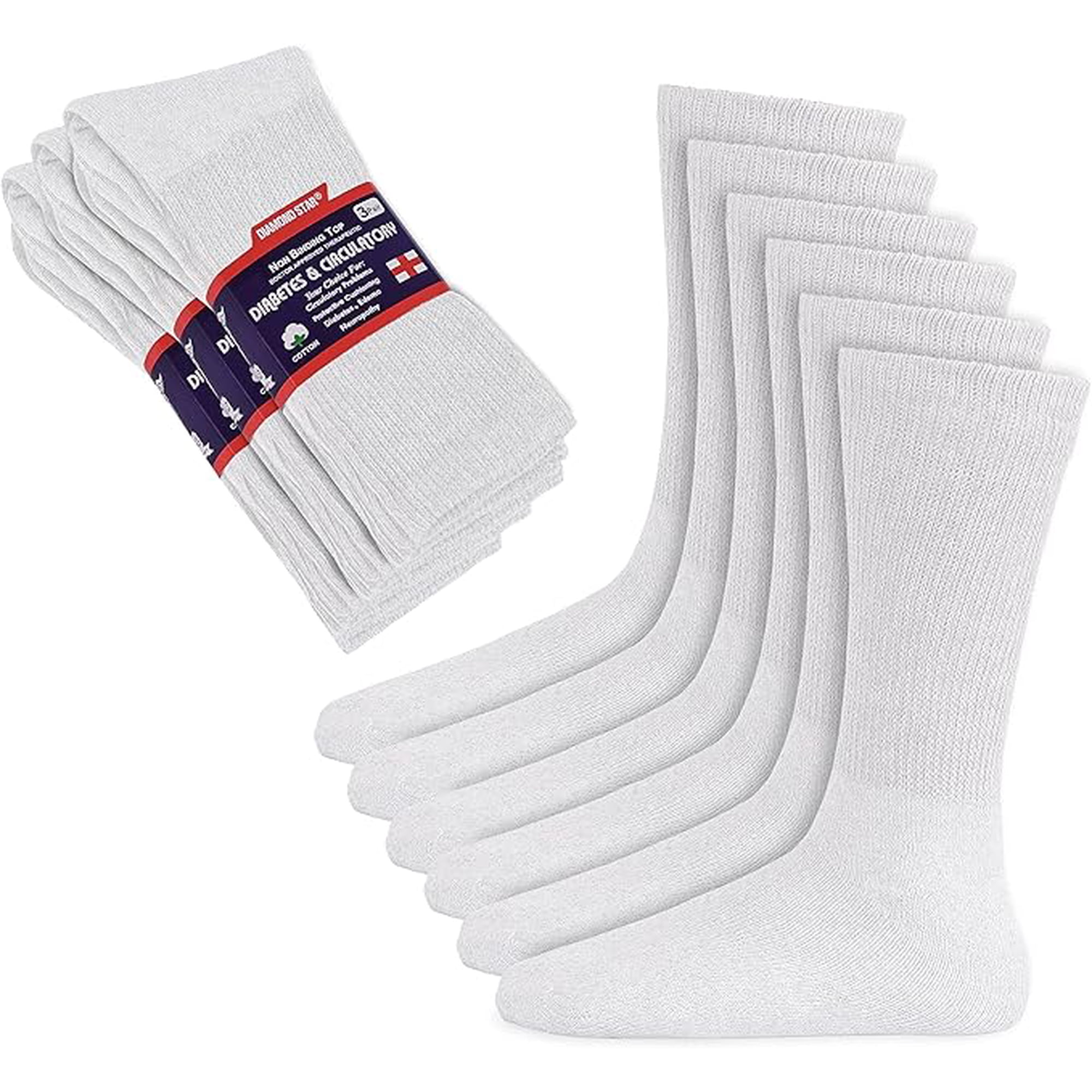 Diamond Star Diabetic Socks for Men & Women - Non-Binding Cushion Cotton Crew Socks for Neuropathy, Edema, & Circulatory Support (White -12 Pairs Extra Wide, Socks Size 13-15)