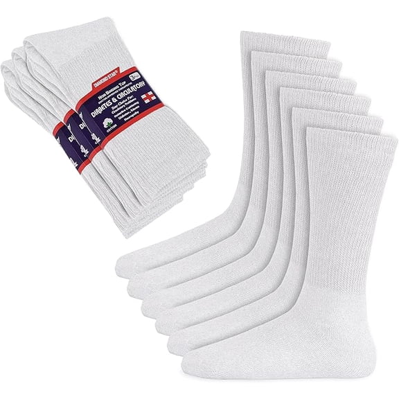 Diamond Star 12-Pack Diabetic Socks for Men & Women - Non-Binding Cushion Cotton Crew Socks for Neuropathy, Edema, & Circulatory Support (White, Sock Size 9-11, Fits Women's Shoe Size 5-10)