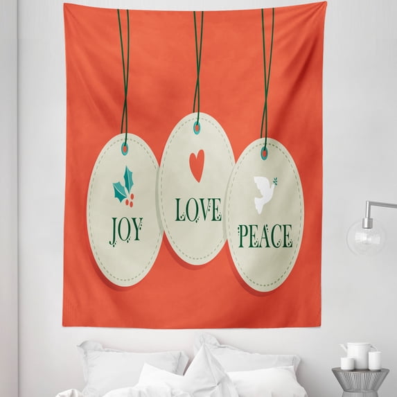 Christmas Tapestry, Joy Love and Peace Words Pendants Merry Christmas Holiday Celebration Theme, Fabric Wall Hanging Decor for Bedroom Living Room Dorm, 5 Sizes, Vermilion Cream, by Ambesonne