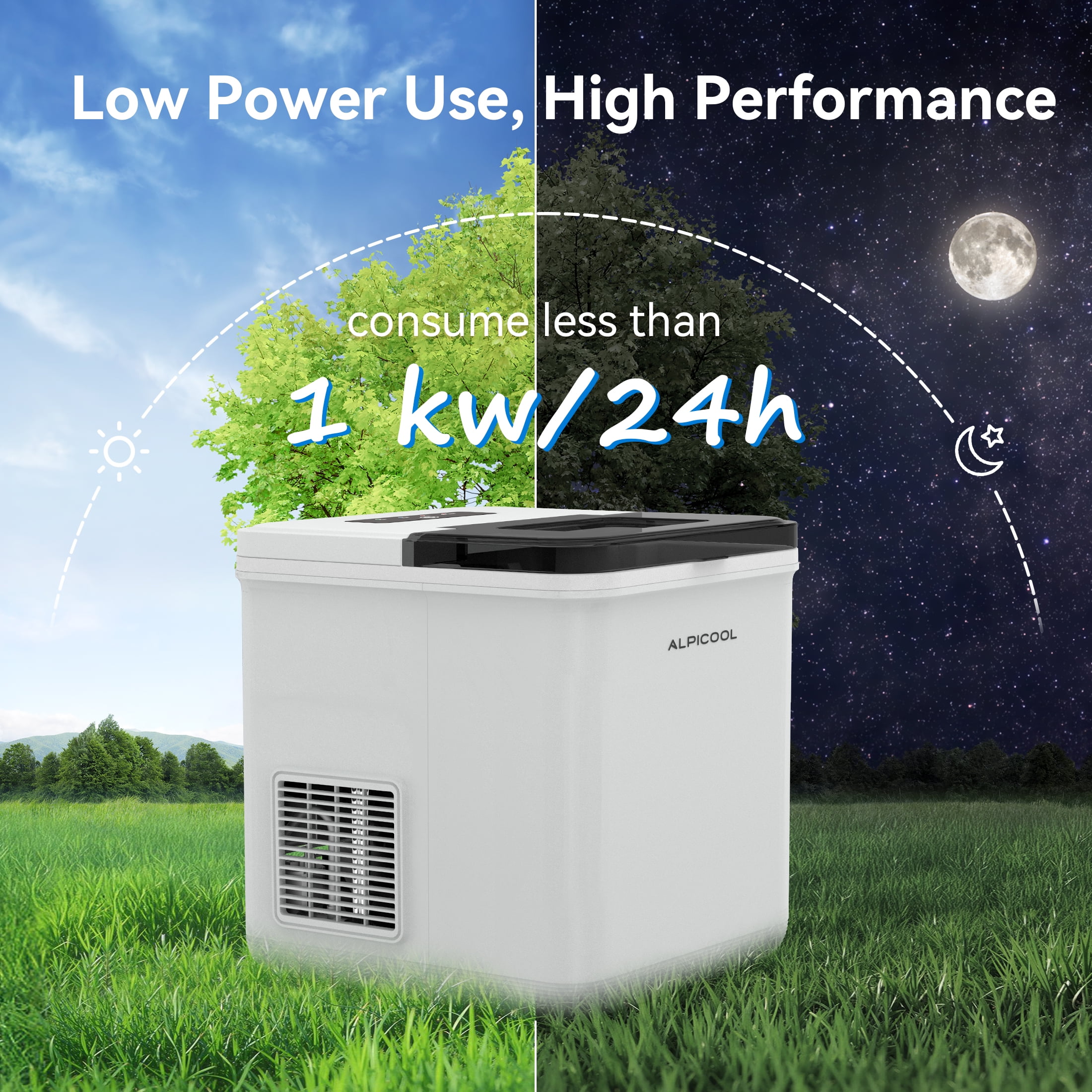 Alpicool Nugget Ice Maker 9 Bullet Cubes in 8 Mins, 24lbs/24H, 12V/24V/240V Portable Ice Machine with Basket and Scoop, for Home/Car/Kitchen/RV/Camping/Bar