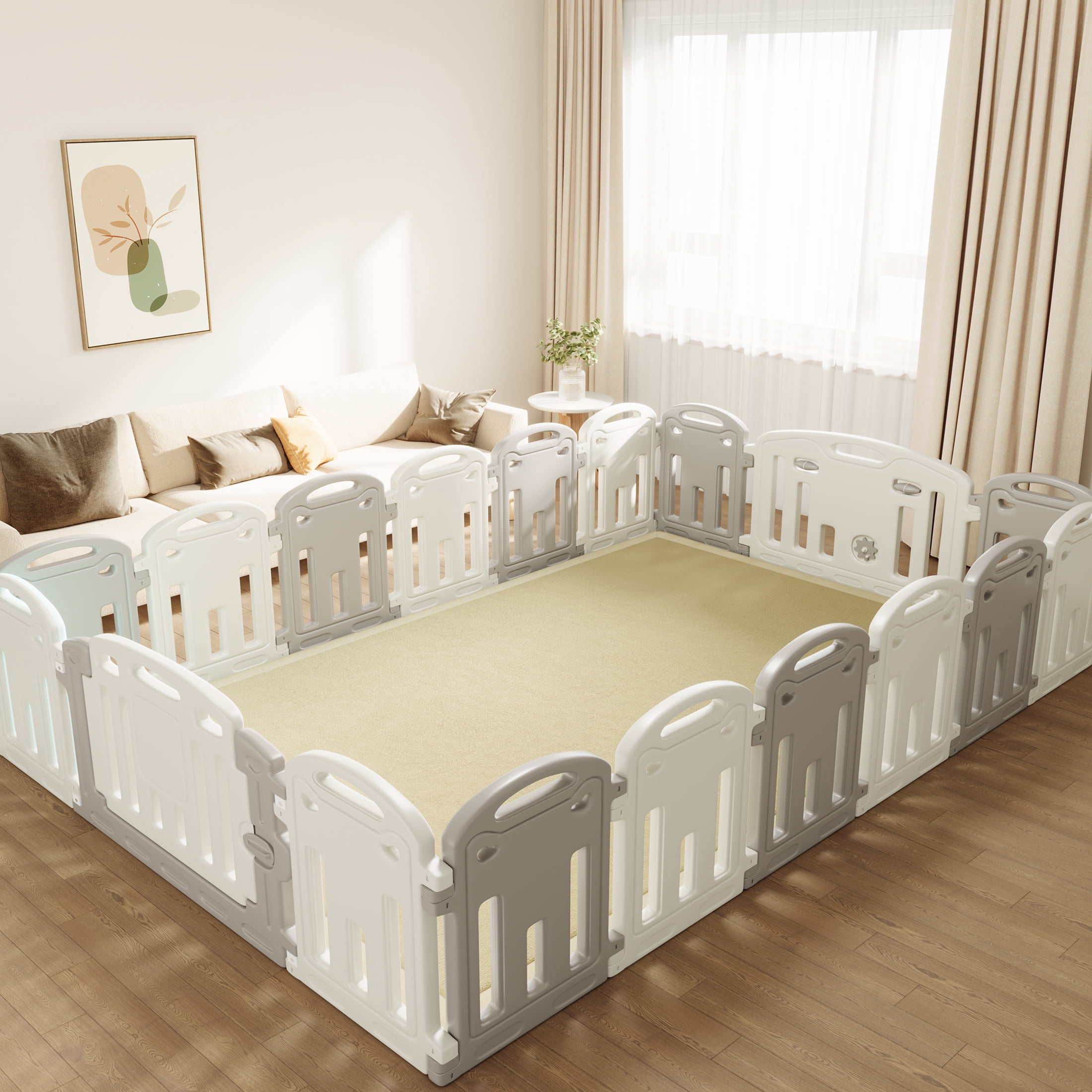 Loartee Baby Play Mat for Floor - 59" x 59" Non-Slip Coral Velvet Memory Foam Nursery Crawling 1.18" Thick Rug for Babies, Toddlers, Infants, Kids, Beige