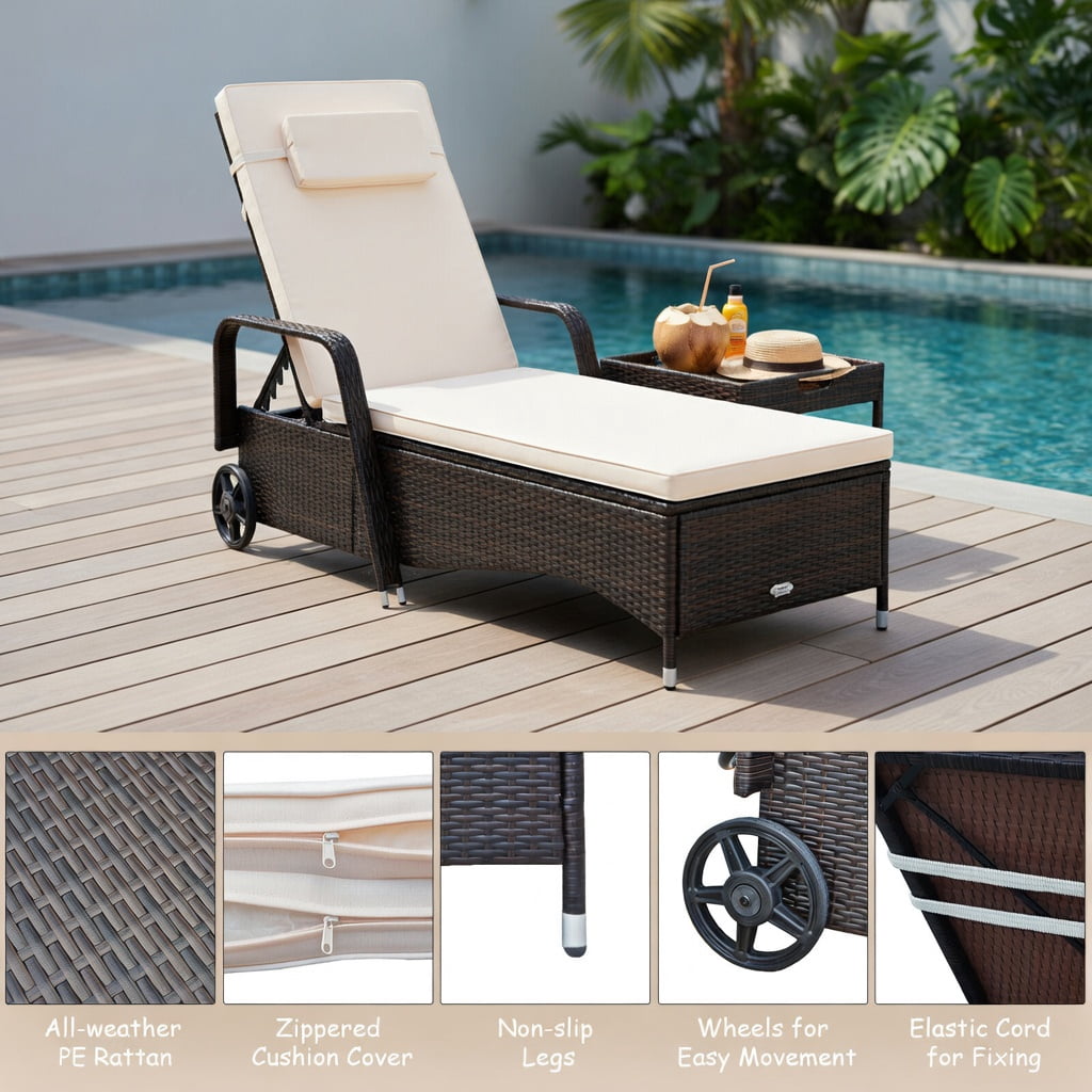 Hommoo Adjustable Outdoor Reclining Chaise Lounge Chair with Cushioned Seat, PE Rattan & Steel Frame, for Pool, Patio, Garden & Balcony, White