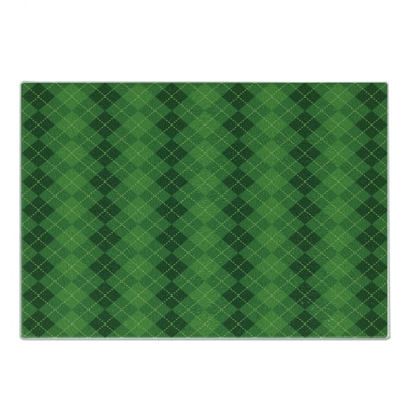 Irish Cutting Board, Antique Tartan Inspired Symmetrical Checkered Diamond Line Plaid Fashion, Decorative Tempered Glass Cutting and Serving Board, Small Size, Green Dark Green Yellow, by Ambesonne