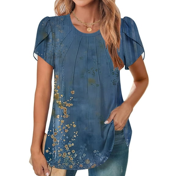 Fengqque 2025 Women's New Round Neck Pleated Tunic Top Curved Hem Printed Blouse