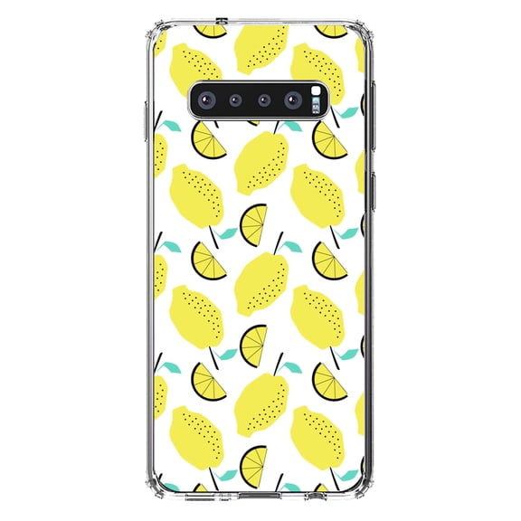 DistinctInk Clear Shockproof Hybrid Case for Samsung Galaxy S10 (6.1" Screen) - TPU Bumper, Acrylic Back, Tempered Glass Screen Protector - Summer Graphics - Lemon Pattern - Lemonade