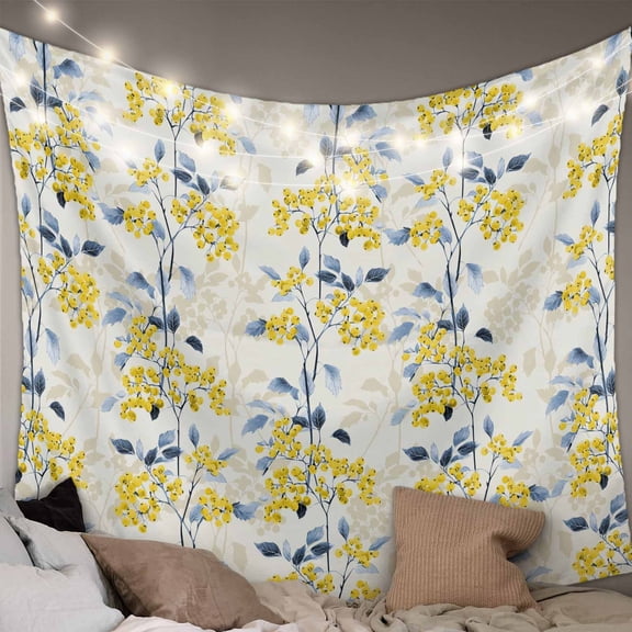 Yellow Blue Spring Floral Tapestry for Bedroom Wall Hanging Tapestry, Summer Botanical Farmhouse Ceiling Backdrop Tapestries Poster Blanket Wall Decor for Teens Room Living Room Dorm 39" x 59"