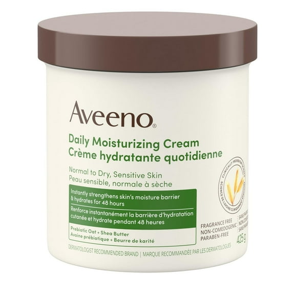 Aveeno Daily Moisturizing Cream with Prebiotic Oat & Shea Butter, for Normal to Dry, Sensitive Skin Hydrates for 48 Hours, Fragrance Free, Non-Greasy, & Non- Comedogenic, 425 g