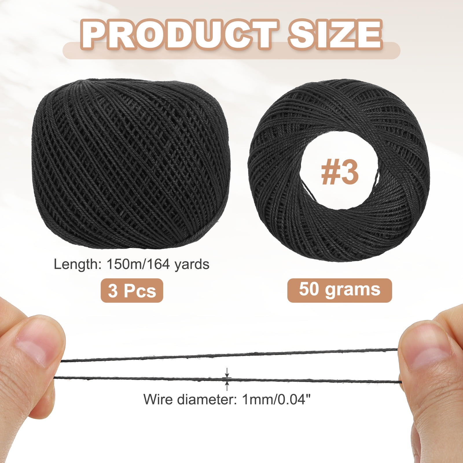 3 Rolls 164 Yards Size 3 Black Pearl Cotton Crochet Thread Lace Weight Yarn Tatting Thread for Crocheting Knitting Embroidery Sewing