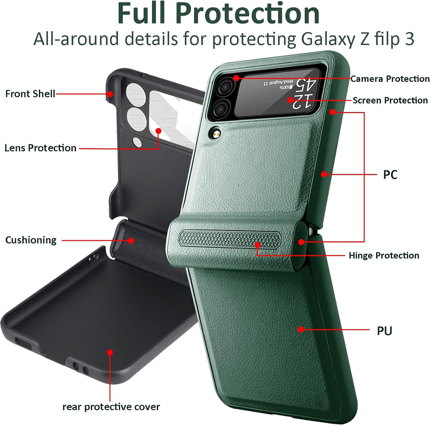Compatible Samsung Z Flip 3 5G Case with Hinge Protection Screen Protector,All Around Protection Ultra Thin PU Leather+PC Case Galaxy Z Flip 3 Case for Samsung Flip 3 Phone Case Cute– Green