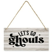 Wood Sign Let's Go Ghouls Halloween Sign Farmhouse Wooden Hanging Sign Rustic Wall Art Plaque Decor For Front Door Porch Yard 12" X 6"