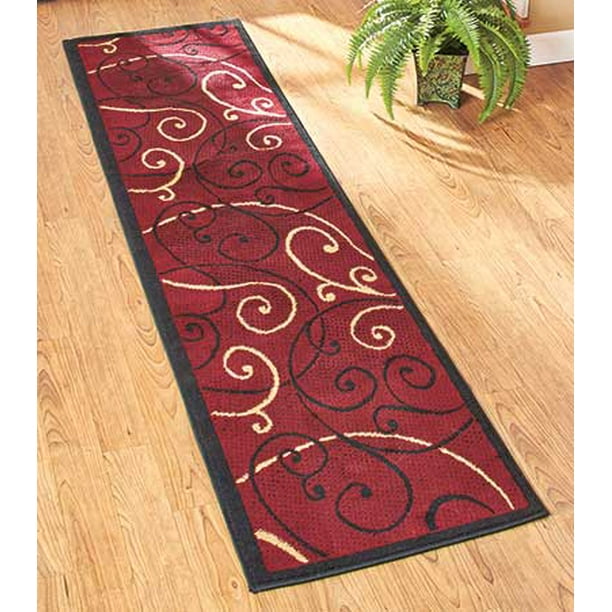 23" x 90" Extra Long Decorative Runner Rug Mat Burgundy Scroll NEW