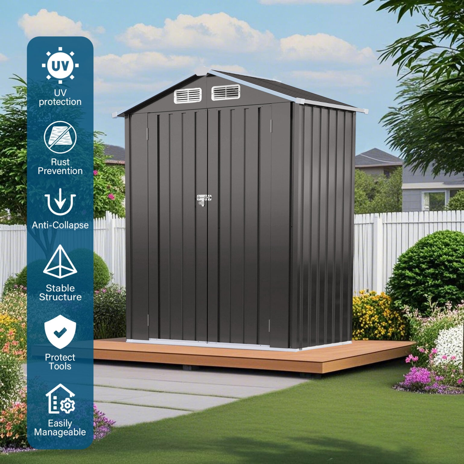 5X3 FT Metal Outdoor Storage Shed, Tool Shed with Pitched Roof and Lockable Double Door Compact for Garden, Backyard, Patio (Gray)