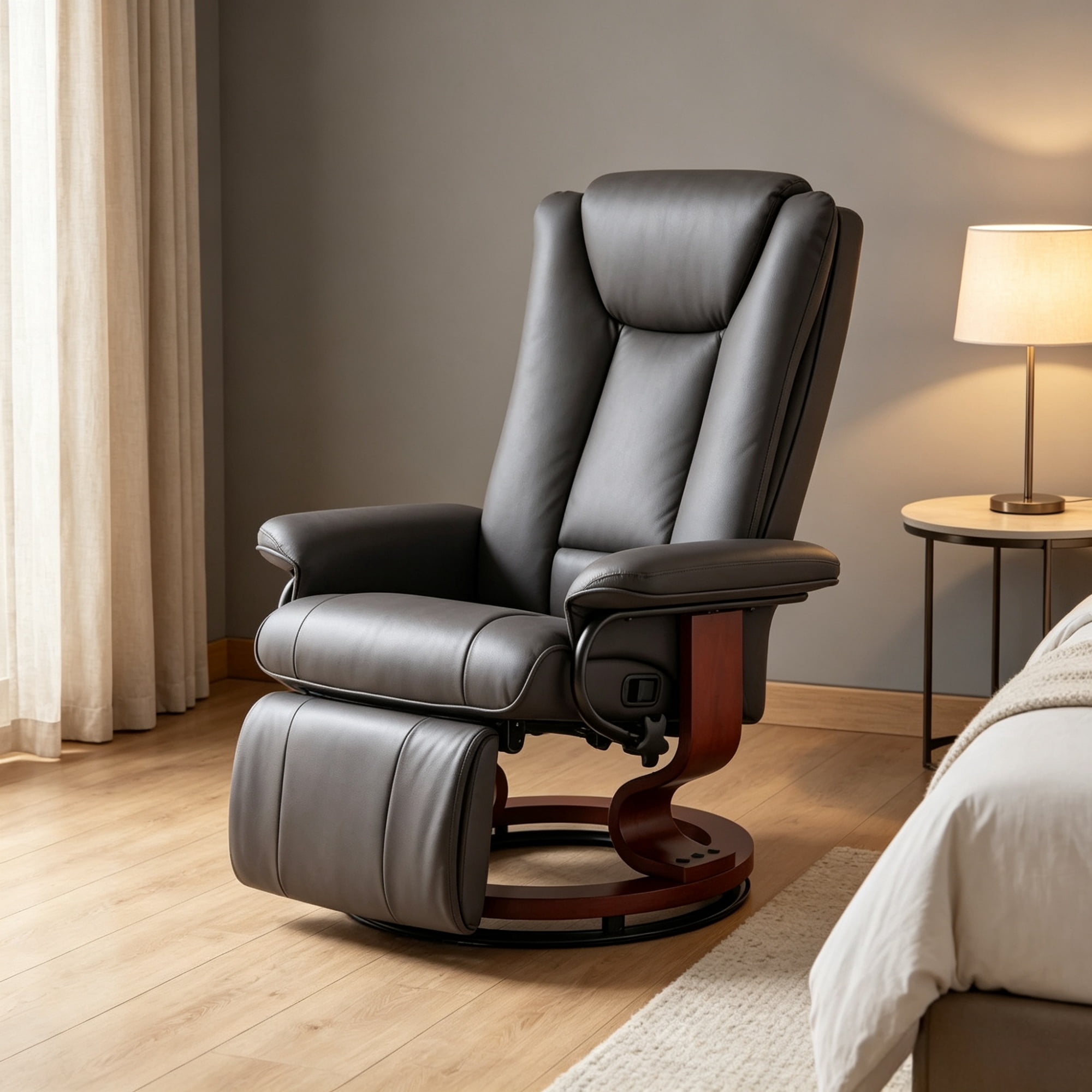 Modern Leather Swivel Recliner with Footrest, Compact Armchair