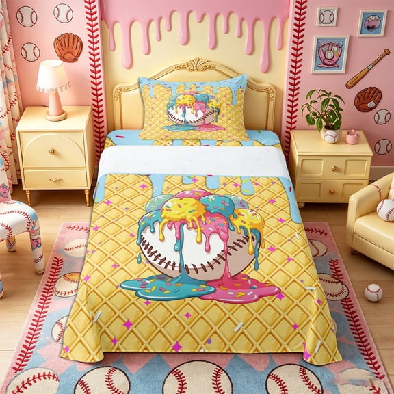 Castle Fairy Sport Baseball Twin Sheets 3pcs, Ice Cream Waffle Cake Pattern Bedding, Brown Blue Pink,1 Fitted Sheet, 1 Flat Sheet and 1 Pillowcase