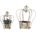 thumbnail image 1 of Fleur De Lis Crown Centerpiece Planters with Pots, Set of 2, Trellis Topped Topiary Forms, 12 1/2 D x 15 3/4 H, and 8 3/4 D x 11 3/4 Inches, Iron, Distressed, Rustic Gray Patina, Ball Feet, 1 of 4