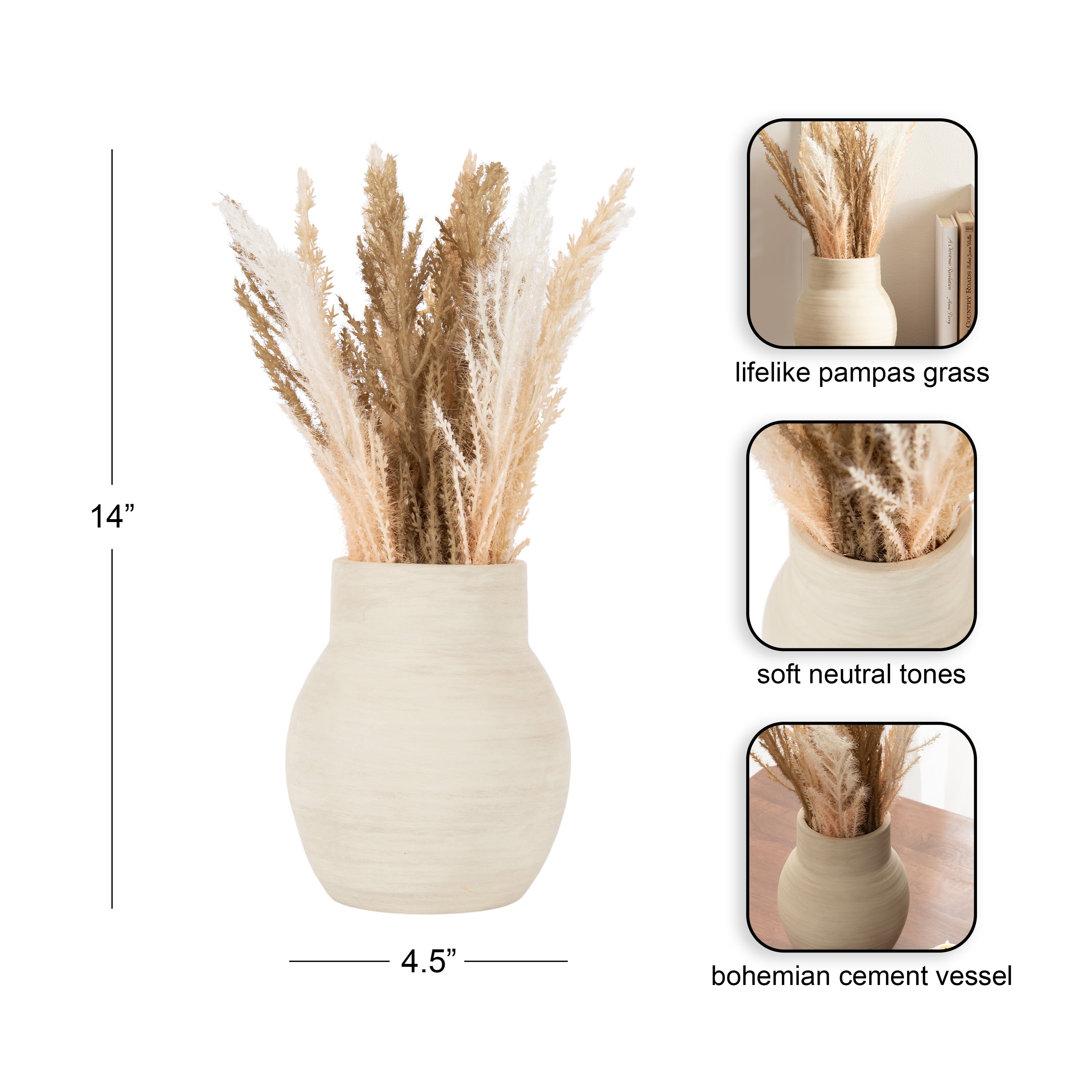 Better Homes & Gardens Mixed Artificial Pampas Grass in Cement Vase