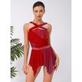 thumbnail image 7 of SiiRoh Womens Rhinestone Lyrical Dance Dress Color Block Mesh Ruched Twisted Knot Irregular Hem Sleeveless Leotard Dress Red M, 7 of 7