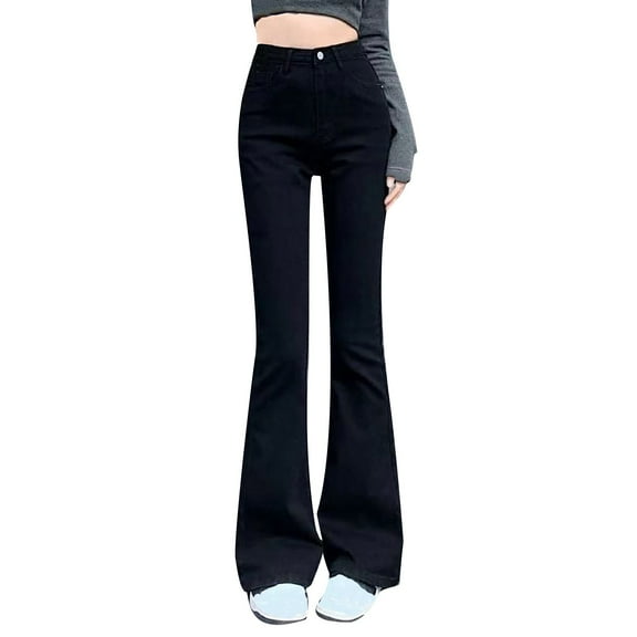 PXLKNZH Slim Fit Flared Jeans Women Solid Color High Waisted Denim Pants Lightweight Solid Streetwear Trousers Black M