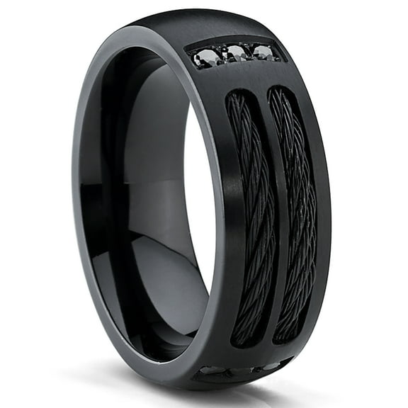 Black Titanium Mens Ring Simulated Diamond Band Steel Cables Black Cubic Zirconia Comfort-Fit