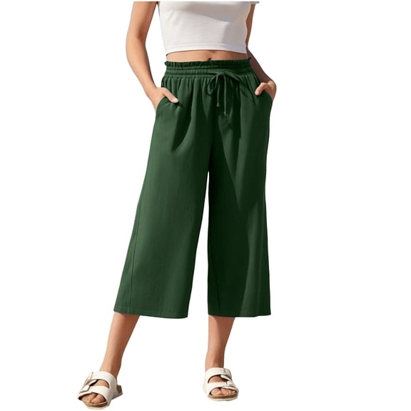 Maean Women's Wide Leg Capris Pants Elastic Waist Drawstring Trousers Loose Casual Cropped Pant with Pockets