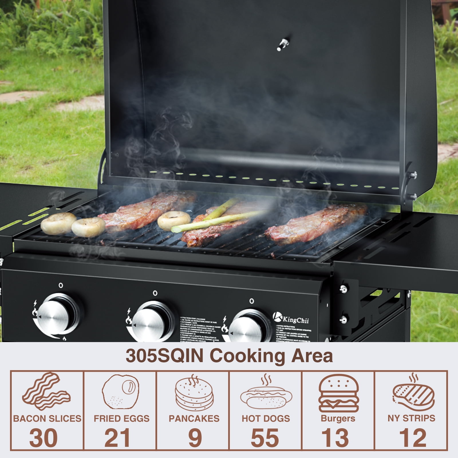 Kingchii 3-Burner Propane Grill, 28,500 BTU BTUs Gas Grill with Foldable Side Tables, Built-in Thermometer for Outdoor Grilling, BBQs and Camping