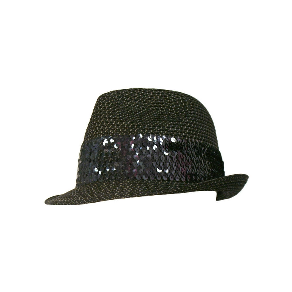 Black Straw Fedora Hat With Sequin Hat Band