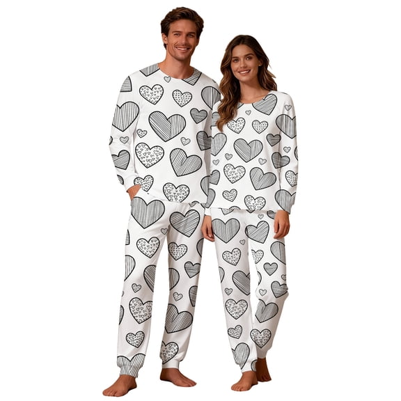 CLOISE Pjs Sets for Women Long Sleeve Valentines Pajamas Pockets Tops and Pant Heart Lounge Set 2 Piece Loungewear White