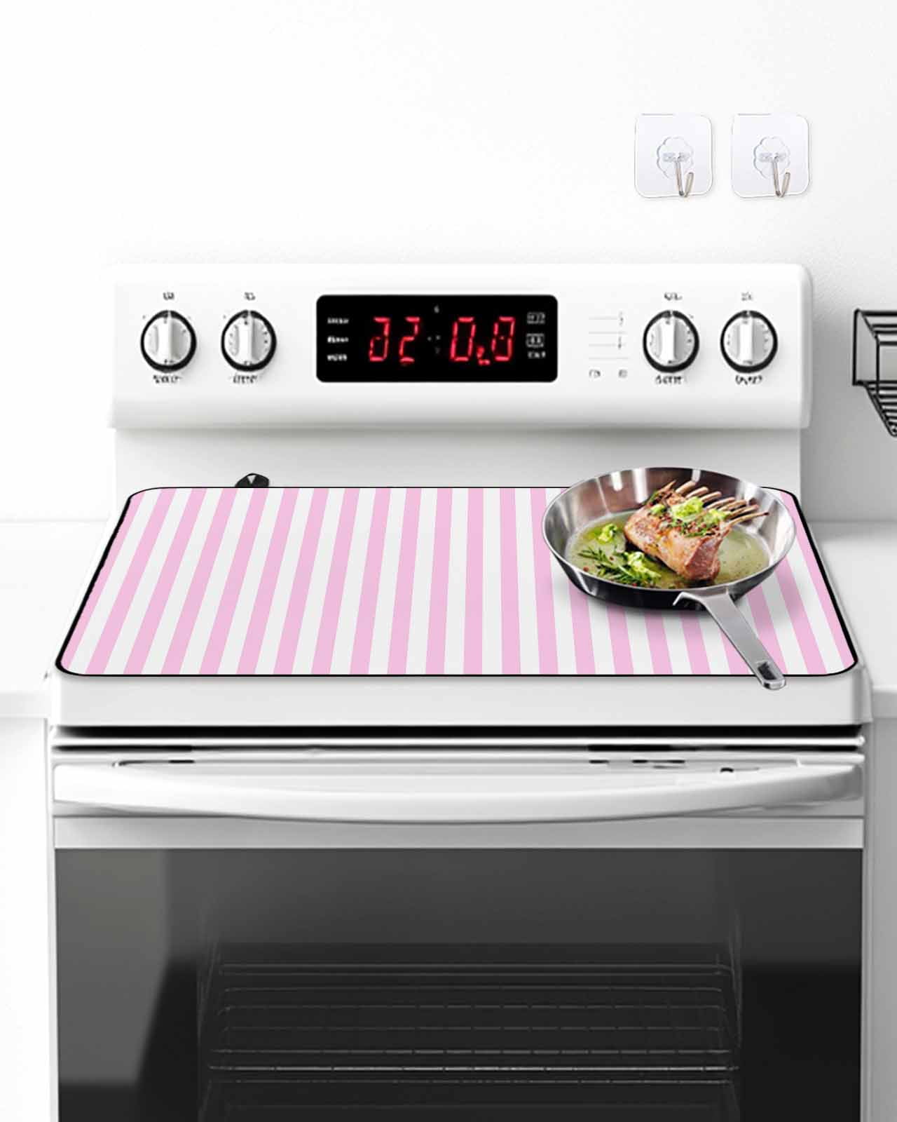 Stove Top Covers for Electric Stove, Pink White Stripe Glass Stovetop Cover Protector, Modern Minimalist Geometric Striped Induction Cooktop Protector Oven Mat for Kitchen Countertop 36"x21"