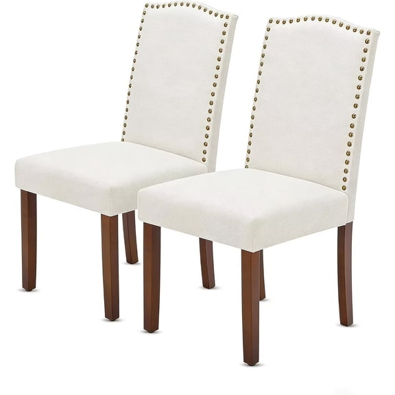 QUIOCOZY Upholstered Parsons Dining Chair, Faux Leather Dining Room Chair with Solid Wood Legs and Nailhead Trim, Side Chair for Hotel, Restaurant, and Meeting Room, Set of 2, Beige