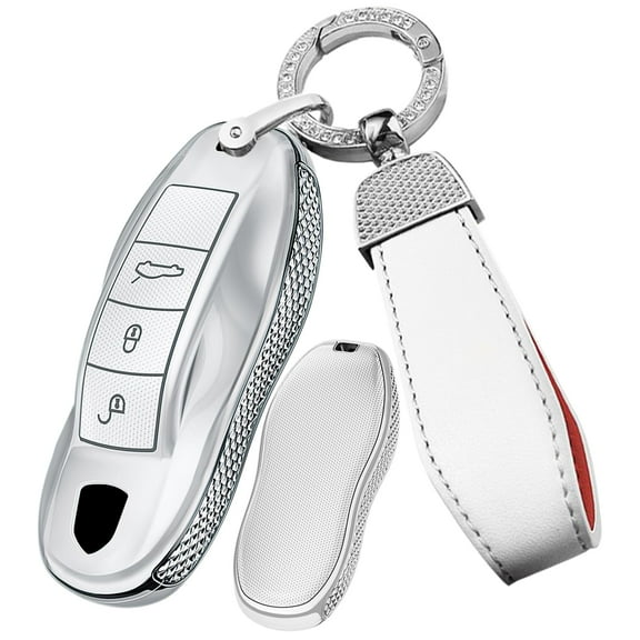 Plating Smart Key Fob Cover Compatible with Porsche Macan 2024 2017 Cayenne Panamera 911 Keyless Key Shell with Leather Keychain
